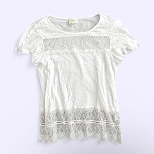 Anthropologie Deletta White Linen Cotton Lace Panel Ruffle Sleeve Tee S